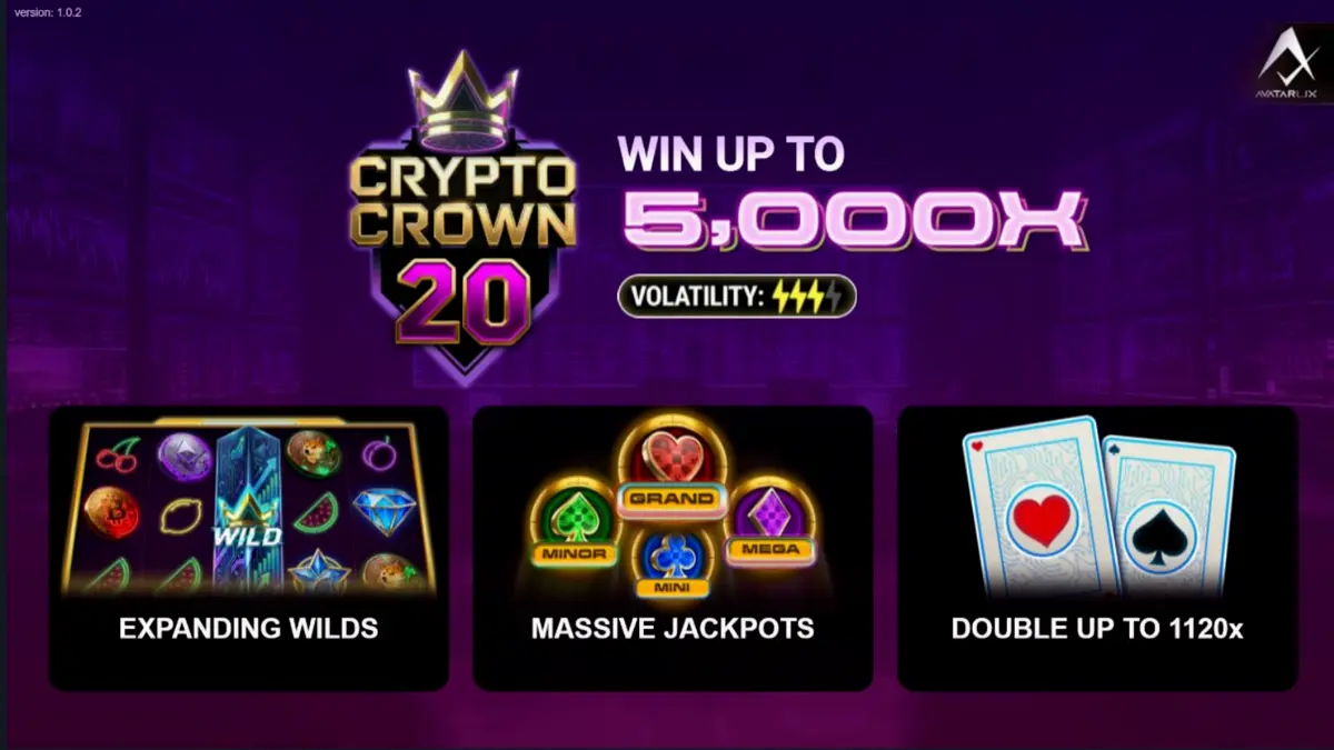 Tampilan antarmuka slot Crypto Crown 20 dengan nuansa neon futuristik