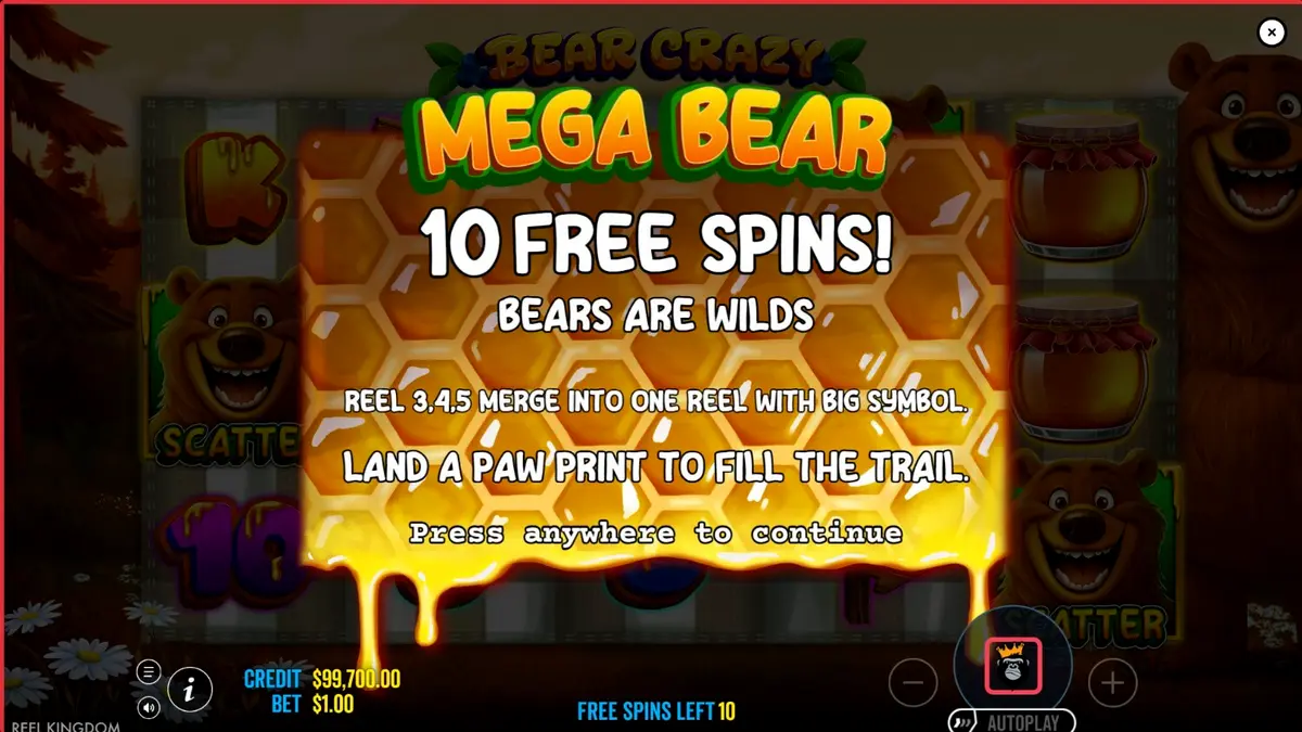 Pemandangan hutan hijau dengan simbol bertema piknik dan madu di slot Bear Crazy
