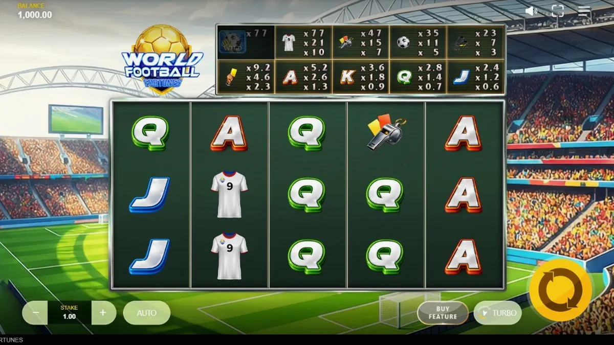 Tampilan visual slot World Football Fortunes dengan tema stadion sepak bola